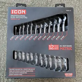 Roc038973 Icon Professional Ratcheting 57956 Flex Ratcheting/wrench Set 12 Pc Metric 8-19mm Wrf