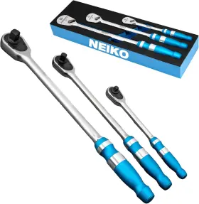 03006a Nobrand Flat Head Ratchet Set - 3 Piece 1/4 3/8 1/2 Inch Drive 90 Teeth Textured Grip