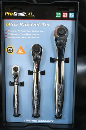 18995 Pro-grade Xl Vpro Ratchet Set 3 Pc. 72 Teeth 5 Deg. Sweep Polished New