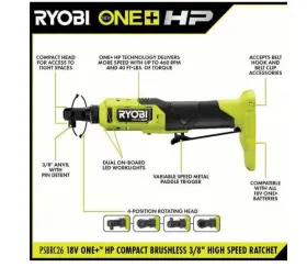 Ryobi 033287235711 One 18v Cordless 3/8 Inch Ratchet Kit 2 Batteries And Charger New