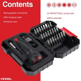 Vst-220usb25u Vessel Rechargeable Ball Grip Screwdriver With 25pc Bit Set