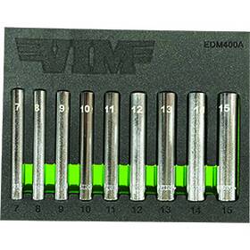 Edm400a Vim Hand Tools 9 Pc. 1/4 In Extra Deep 6 Pt. Metric Socket Set - Dr. 7 15mm Edm400a Vim Hand Tools 9 Pc. 1/4 In Extra Deep 6 Pt. Metric Socket Set - Dr. 7 15mm