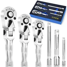 Yiyeie 0065 Stubby Flex Head Ratchet Set 6pcs 1/4 Inch 3/8 1/2 Drive Silver