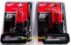 (2) New In Package Milwaukee M12 48-11-2450 5.0 Ah Batteries High Output Volt. Price: $129.97.