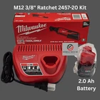 New Milwaukee M12 Cordless 3/8" Ratchet, 2457-20 Kit Charger & 2.0 Ah Battery. Price: $138.98.